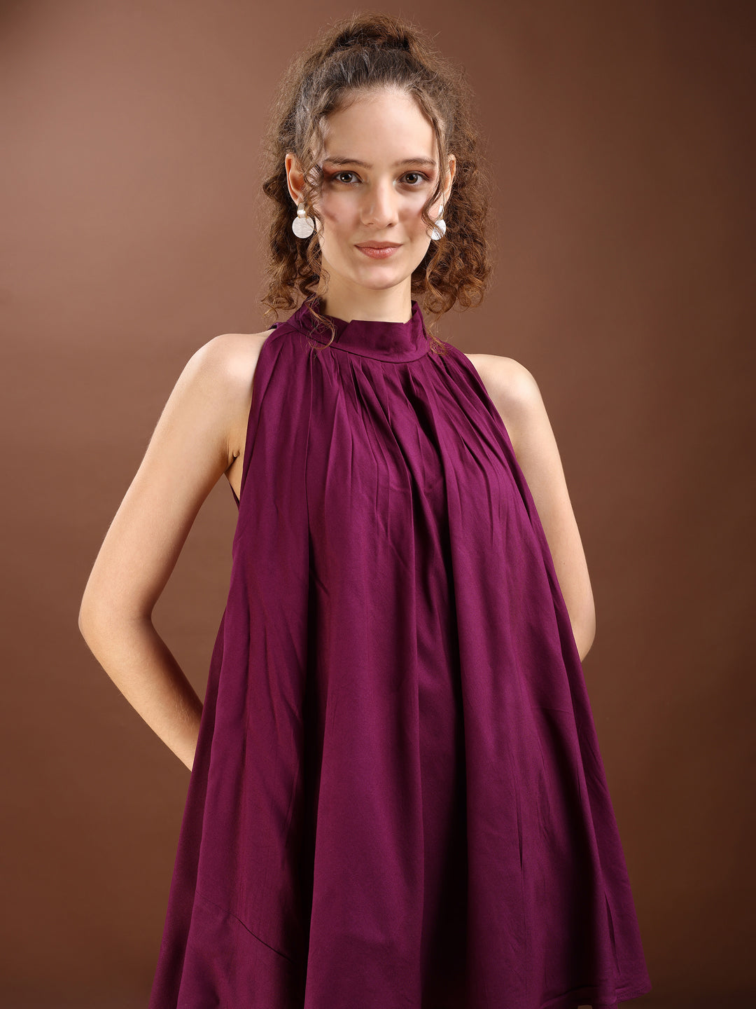 Wine Colored Halter Neck Rayon Sleeveless Top With Bell Bottom Pant Co-ords Set